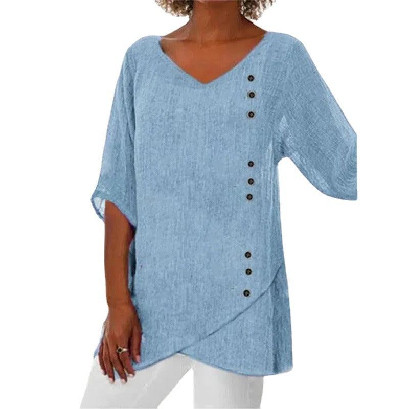 Blue Cotton Linen V-neck T-shirt Half Sleeve Shirt Loose Plus Size Women's Clothing - Hipster Collections
