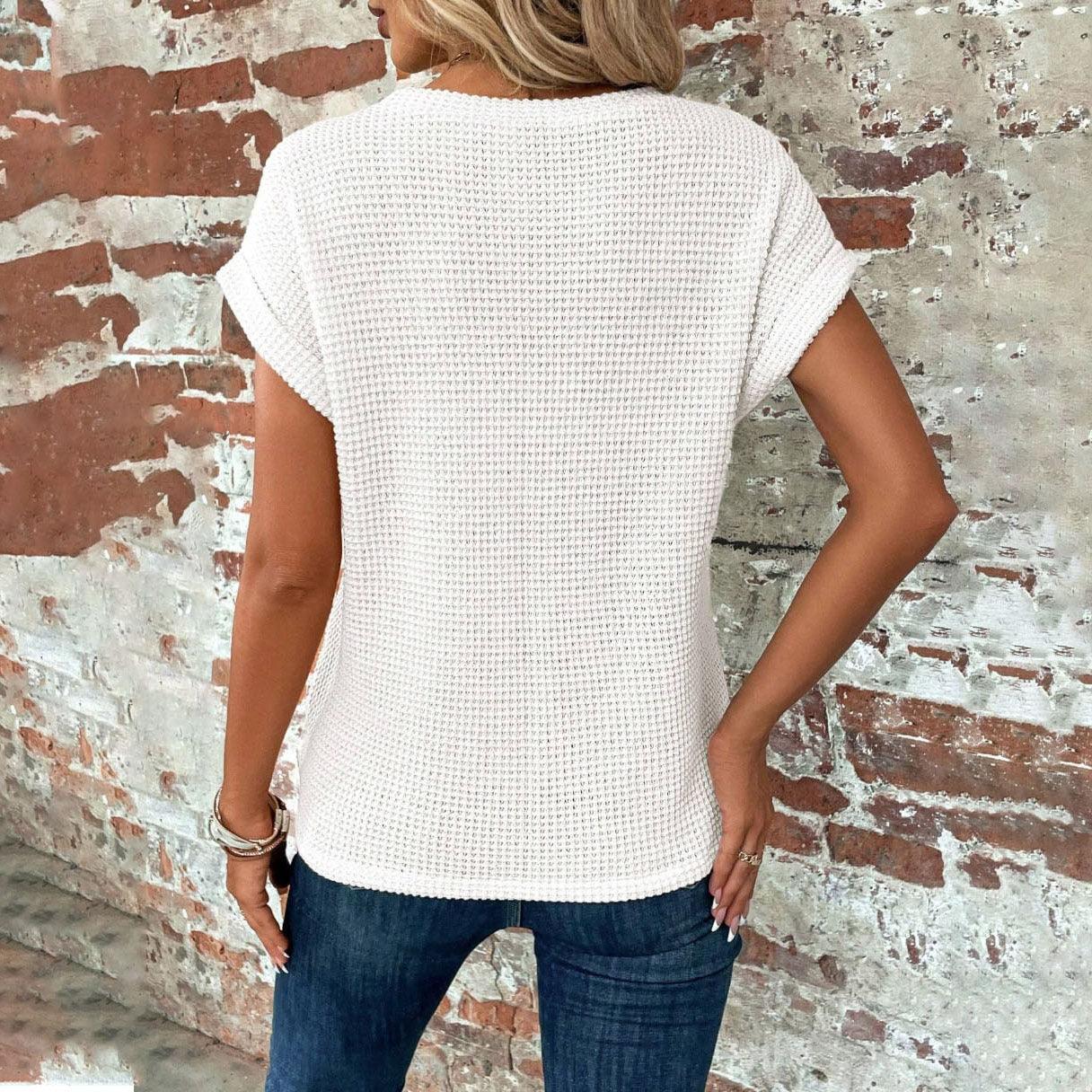 Short-sleeved Waffle T-shirt Summer New Solid Color Crew Neck Top For Womens Clothing - Hipster Collections