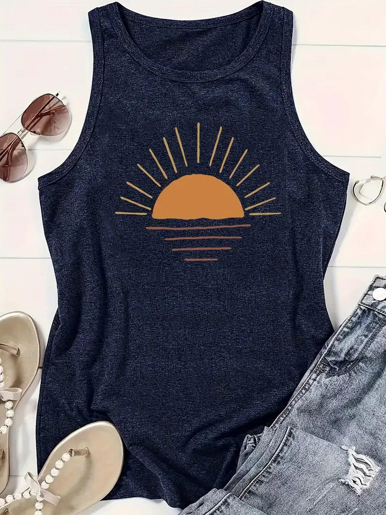 Sunrise Printed Round Neck Vest Spring And Summer Casual Sleeveless - Hipster Collections