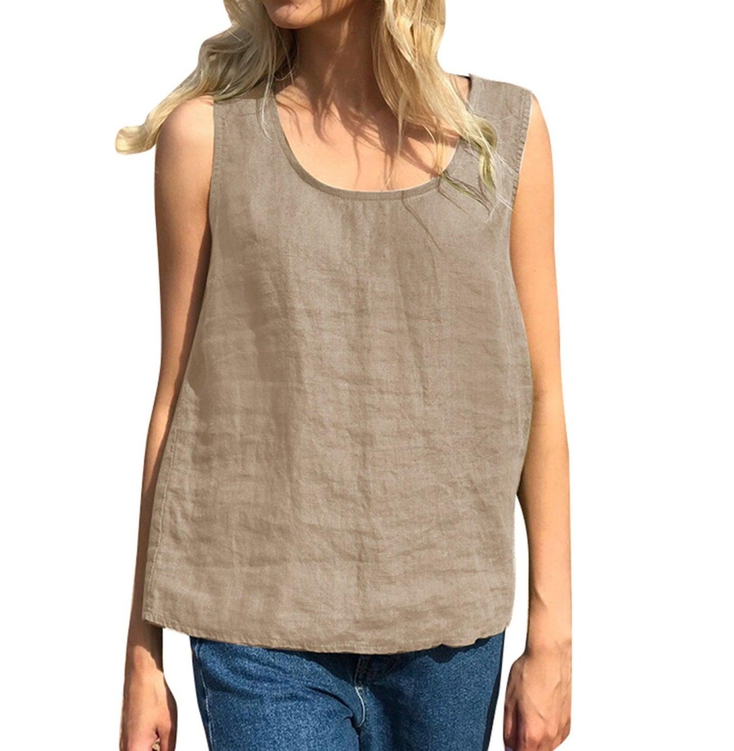 Women's Cotton And Linen Solid Color Sleeveless Top T Camisole - Hipster Collections