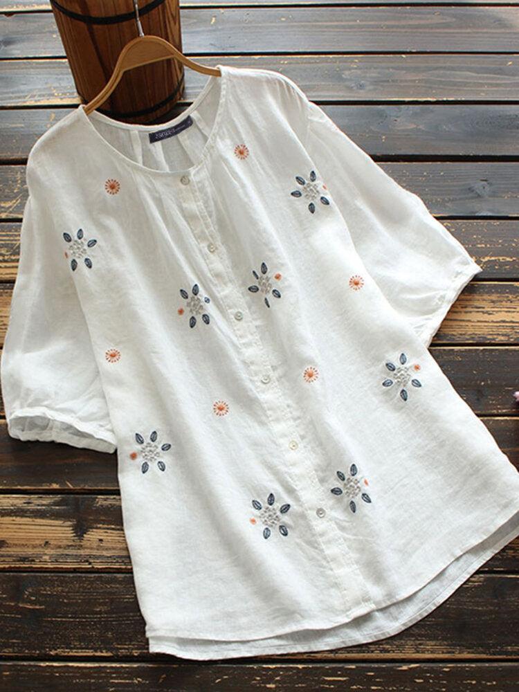 European And American Embroidered Crew Neck Button Short Sleeve - Hipster Collections