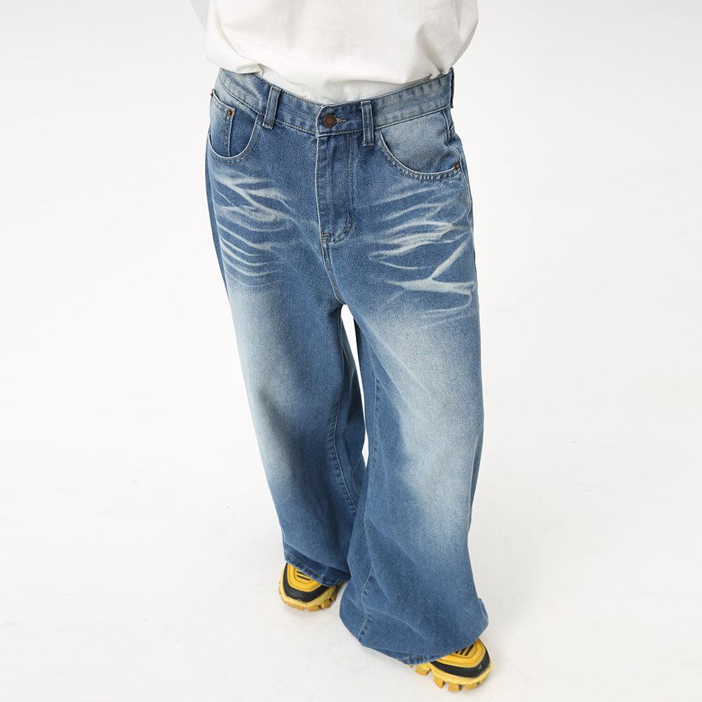 Maychao Washed Crease Vintage Draping Wide Leg Jeans - Hipster Collections