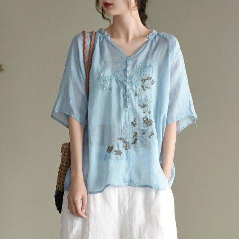 Summer Artistic Wooden Ear Embroidered Shirt Top - Hipster Collections