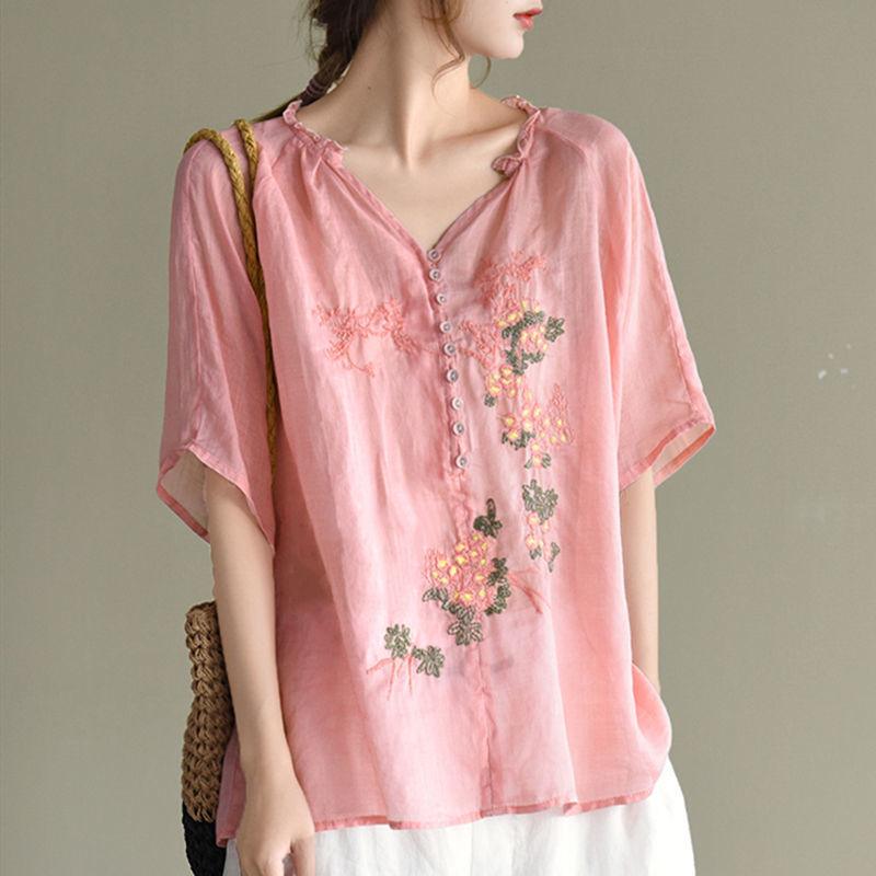 Summer Artistic Wooden Ear Embroidered Shirt Top - Hipster Collections