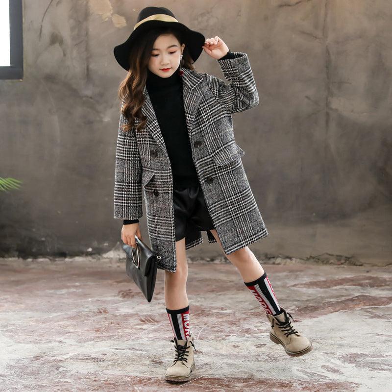 Gray plaid houndstooth coat for girls - Hipster Collections