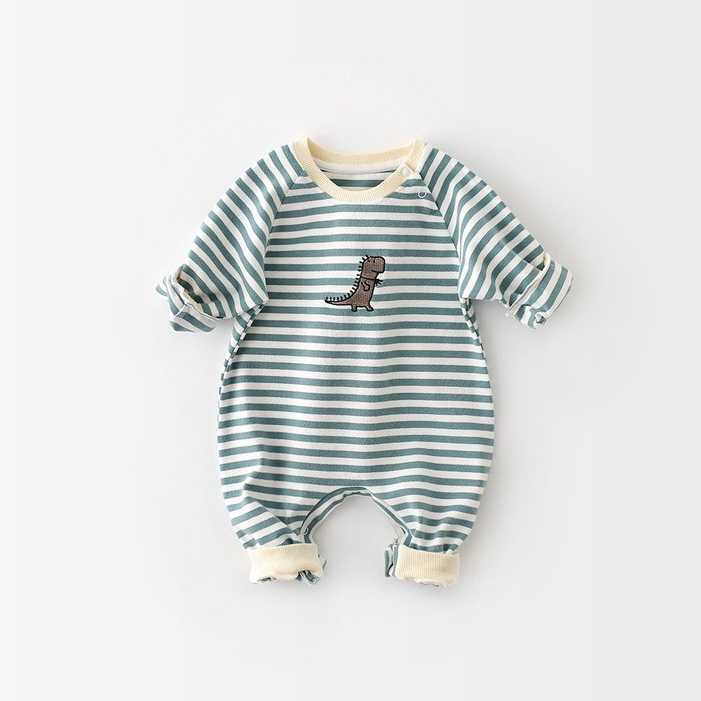 Cartoon Striped Dinosaur Embroidery Long-Sleeved Jumpsuit - Hipster Collections