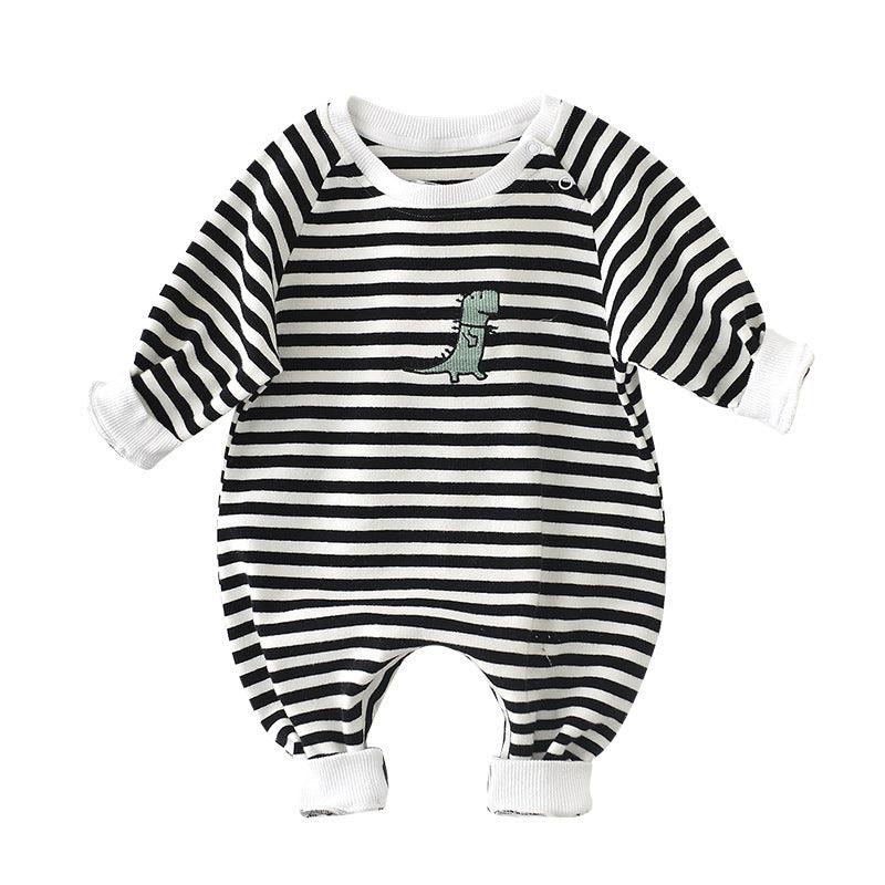 Cartoon Striped Dinosaur Embroidery Long-Sleeved Jumpsuit - Hipster Collections