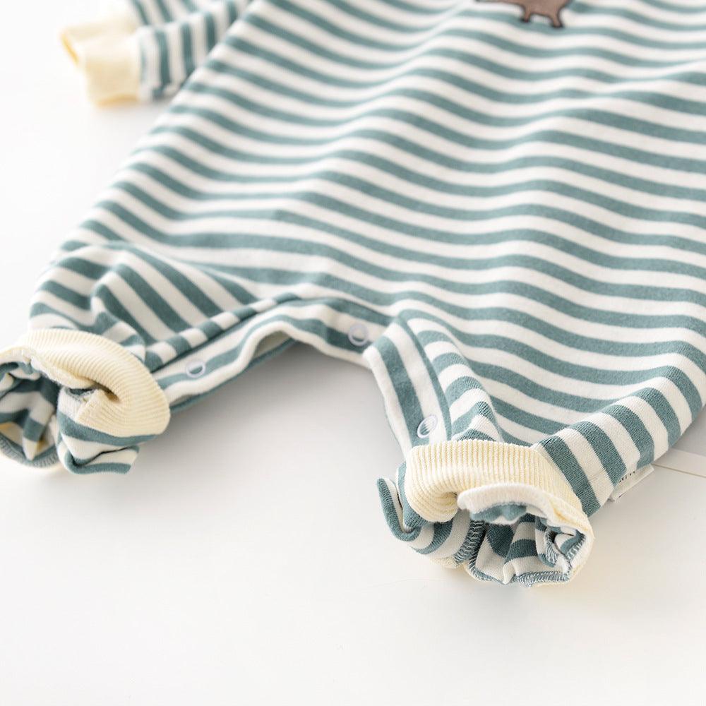 Cartoon Striped Dinosaur Embroidery Long-Sleeved Jumpsuit - Hipster Collections