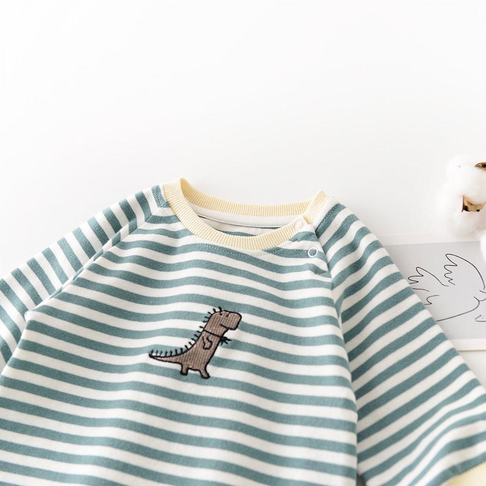 Cartoon Striped Dinosaur Embroidery Long-Sleeved Jumpsuit - Hipster Collections