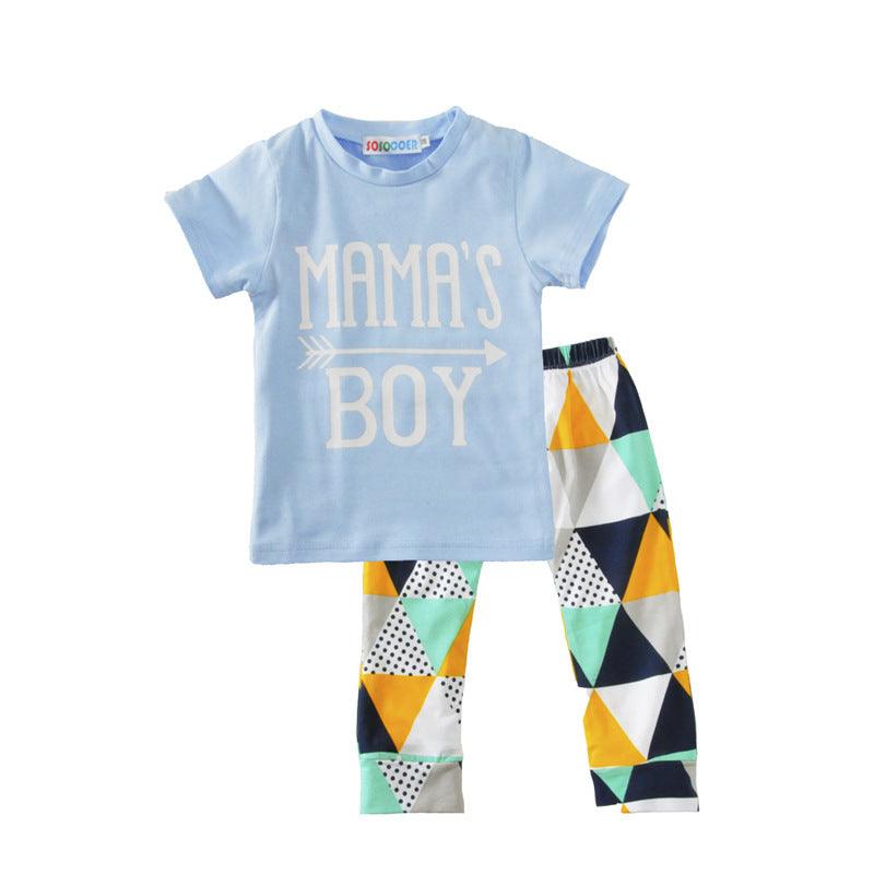 Children's Clothing Boy Suit Short-Sleeved T-Shirt Blue Letter Arrow Geometric Pants Baby Two-Piece Suit - Hipster Collections