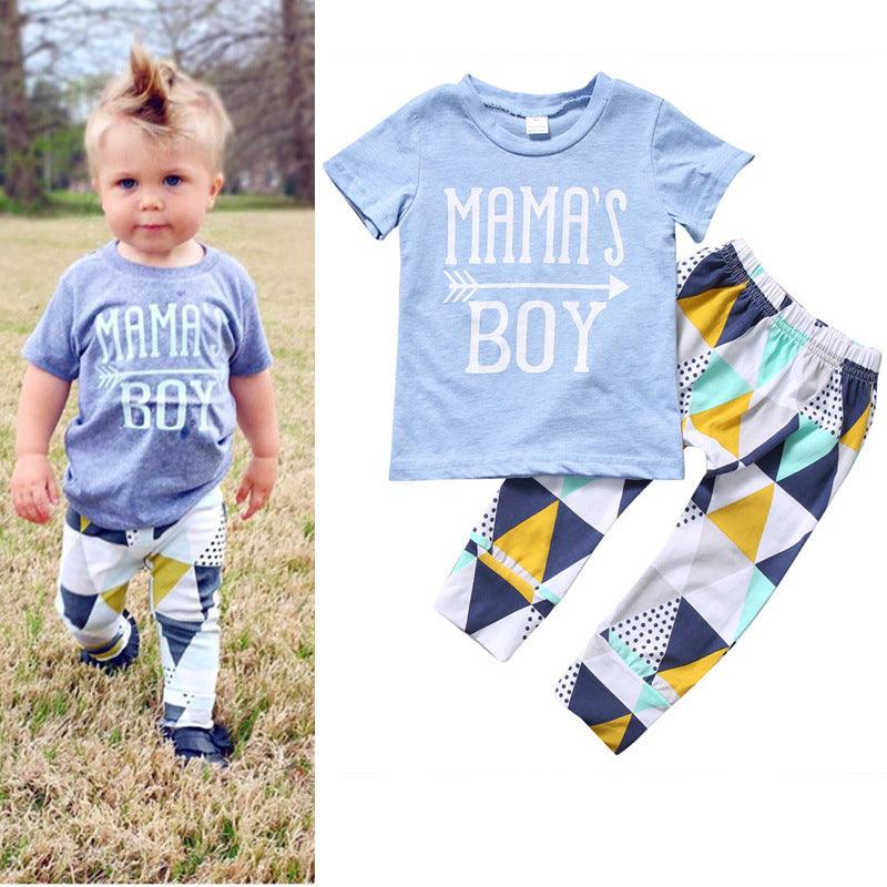 Children's Clothing Boy Suit Short-Sleeved T-Shirt Blue Letter Arrow Geometric Pants Baby Two-Piece Suit - Hipster Collections