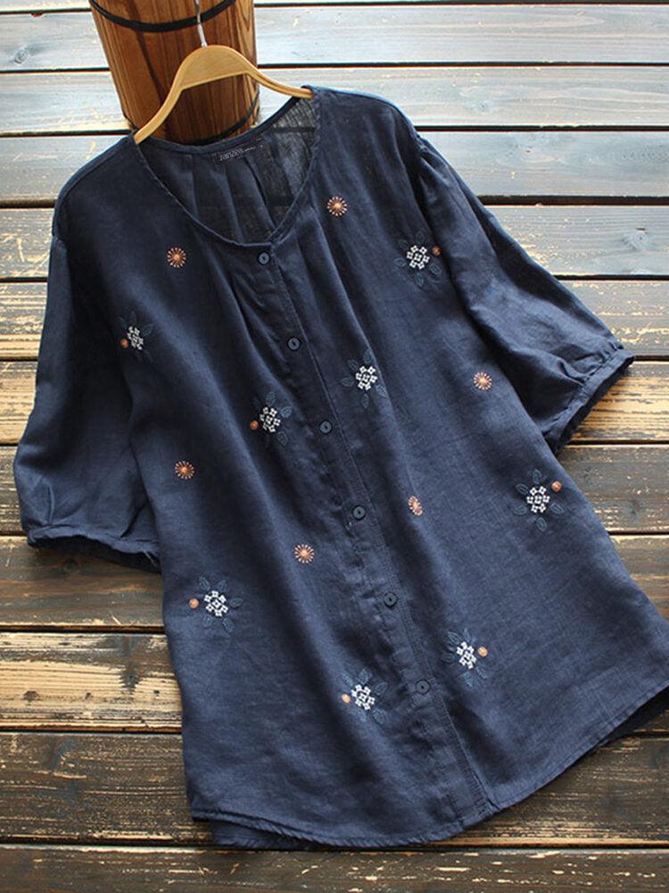 European And American Embroidered Crew Neck Button Short Sleeve - Hipster Collections