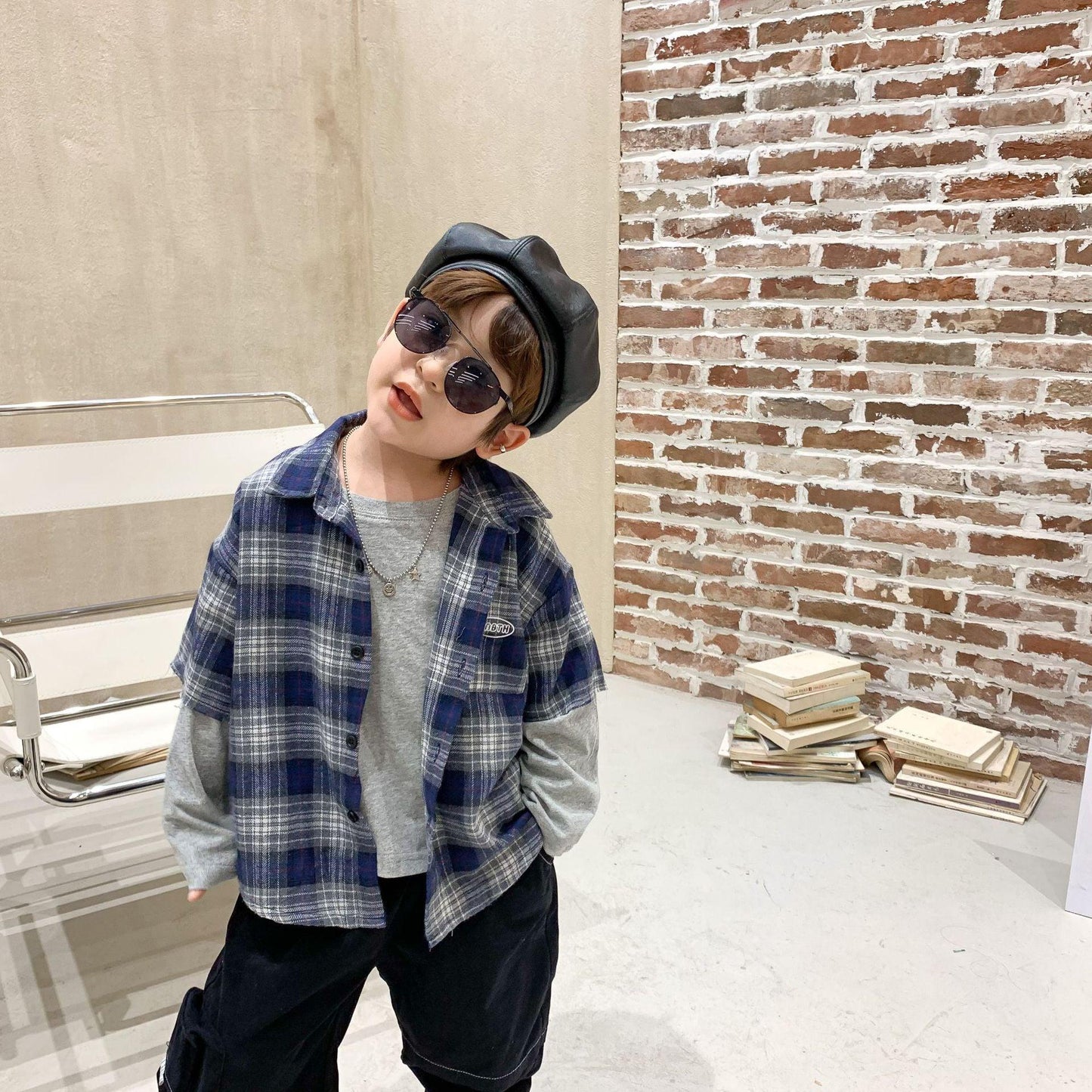 Boys plaid shirt stitching t-shirt - Hipster Collections
