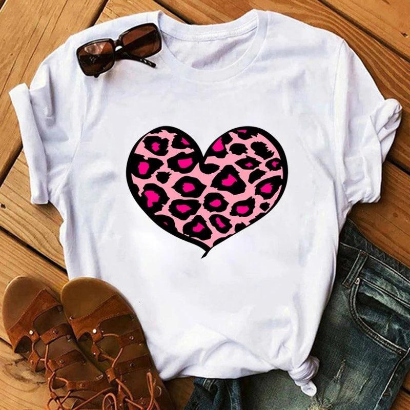Spring Women's Cartoon Leopard Print Heart Printing T-shirt - Hipster Collections