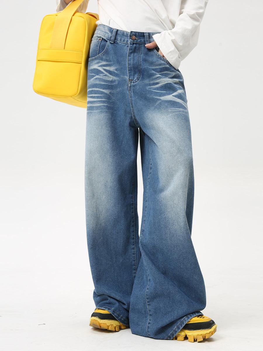 Maychao Washed Crease Vintage Draping Wide Leg Jeans - Hipster Collections