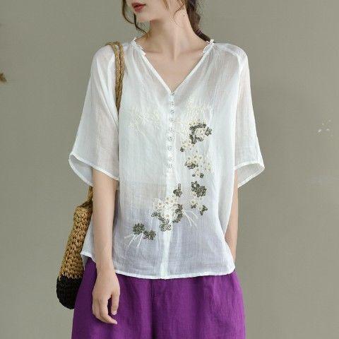 Summer Artistic Wooden Ear Embroidered Shirt Top - Hipster Collections