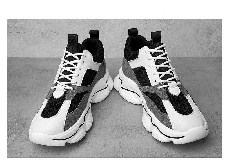 Men's Color Matching Fashion Mid Heel Invisible Height Increasing Cowhide Stitching Casual Shoes - Hipster Collections