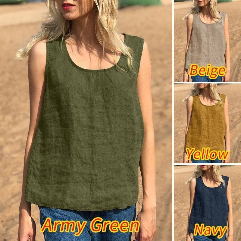 Women's Cotton And Linen Solid Color Sleeveless Top T Camisole - Hipster Collections