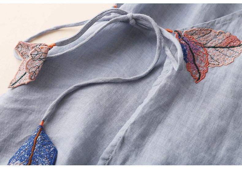 Retro Artistic Ramie Top Embroidery Tie-neck Loose Slimming Diagonal - Hipster Collections