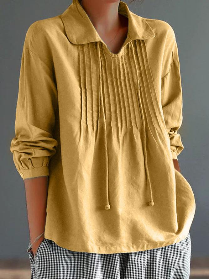 Loose Cotton And Linen Long Sleeve Women's Pleated Lapel Shirt - Hipster Collections