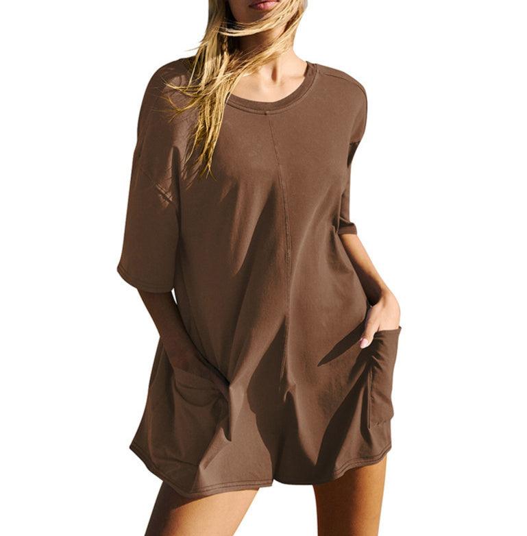 Women's Loose Short-sleeved Shorts Jumpsuit Summer Casual Backless Beach Overall Pants With Pockets - Hipster Collections