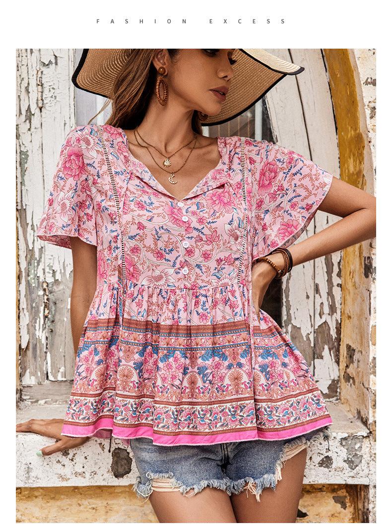 Summer Women's Bohemian Printed Short-sleeved Shirt - Hipster Collections