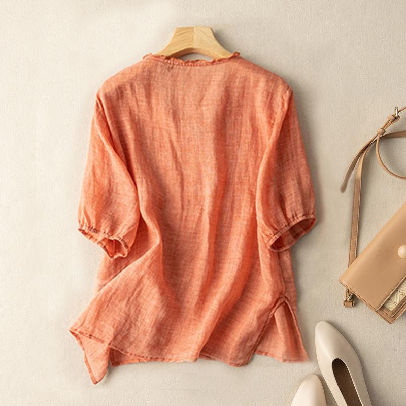 Cotton And Linen Embroidered V-neck Short Sleeve - Hipster Collections