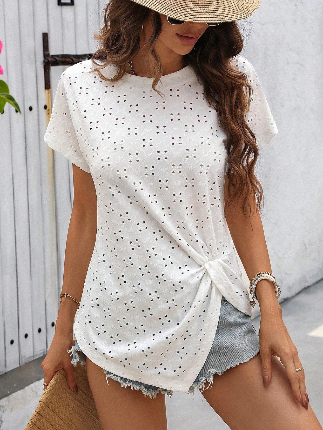 Fashion Casual Women's Solid Color Fresh Jacquard Pleated Round Neck T-shirt - Hipster Collections