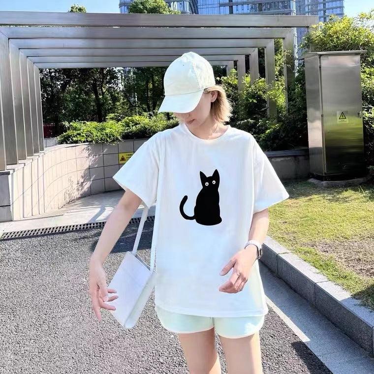 Black Cat Loose Short-sleeved T-shirt Women's Top - Hipster Collections
