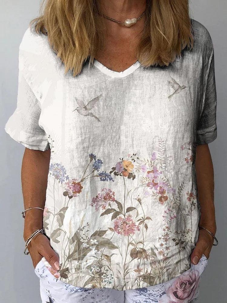 3d Printed V-neck Loose Women's T-shirt Short Sleeve - Hipster Collections