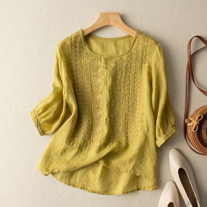 Embroidered Loose Artistic Vintage Cotton And Linen T-shirt - Hipster Collections