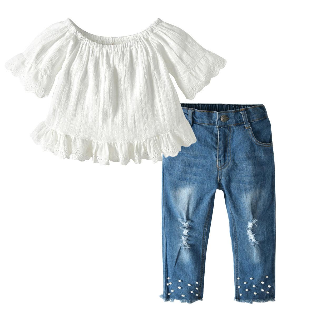 Girls Lace Pearl Jeans Set - Hipster Collections