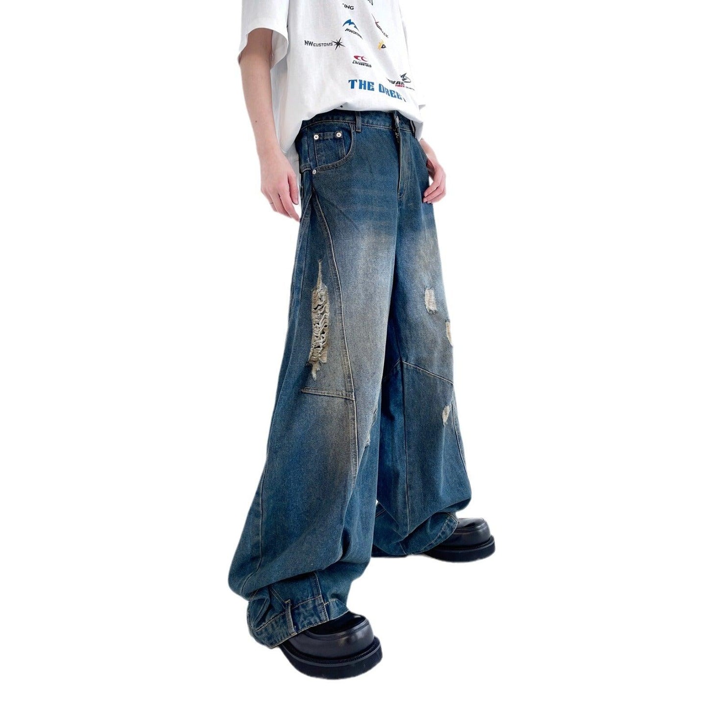 American Retro Washed Make Old Ripped Jeans Men's Summer Loose Straight - Hipster Collections