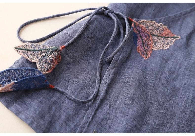 Retro Artistic Ramie Top Embroidery Tie-neck Loose Slimming Diagonal - Hipster Collections