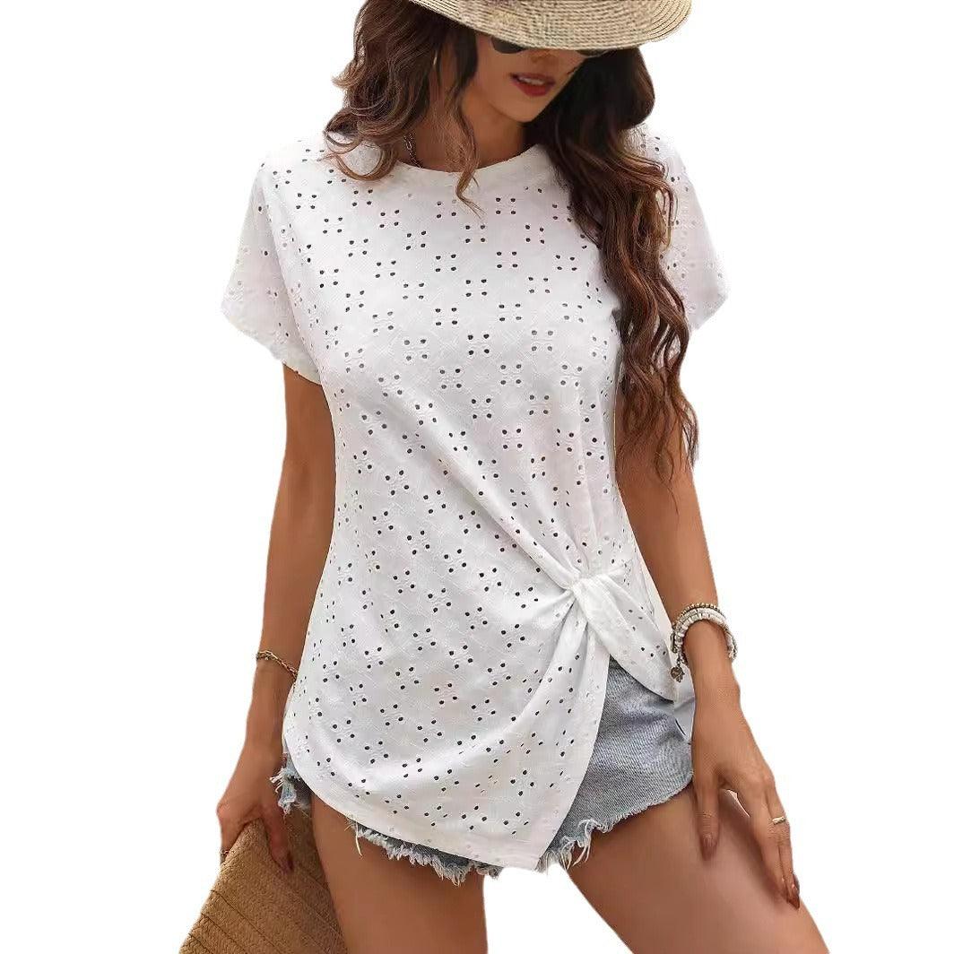 Fashion Casual Women's Solid Color Fresh Jacquard Pleated Round Neck T-shirt - Hipster Collections