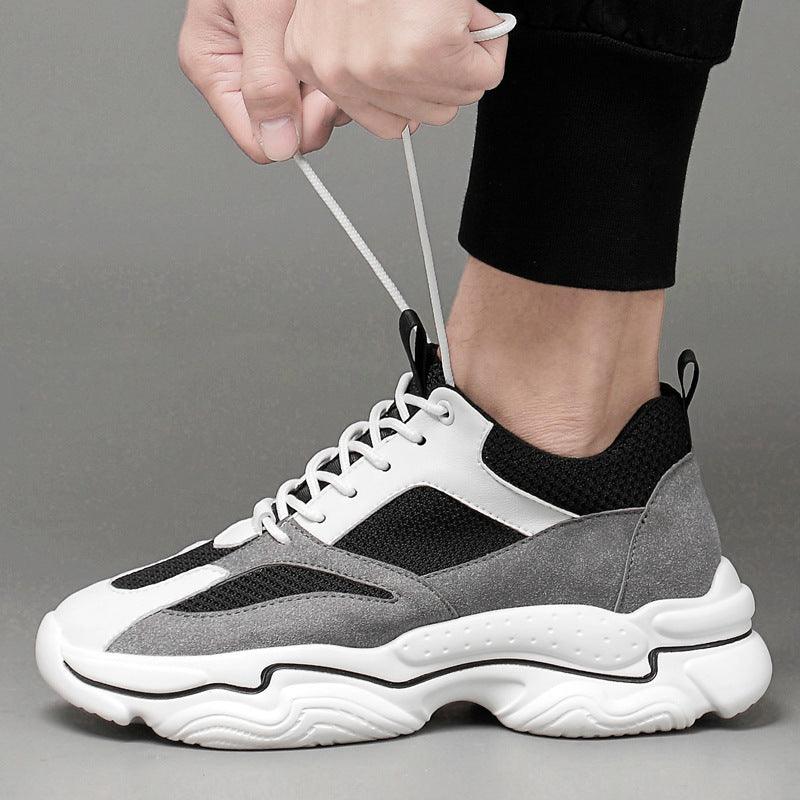 Men's Color Matching Fashion Mid Heel Invisible Height Increasing Cowhide Stitching Casual Shoes - Hipster Collections