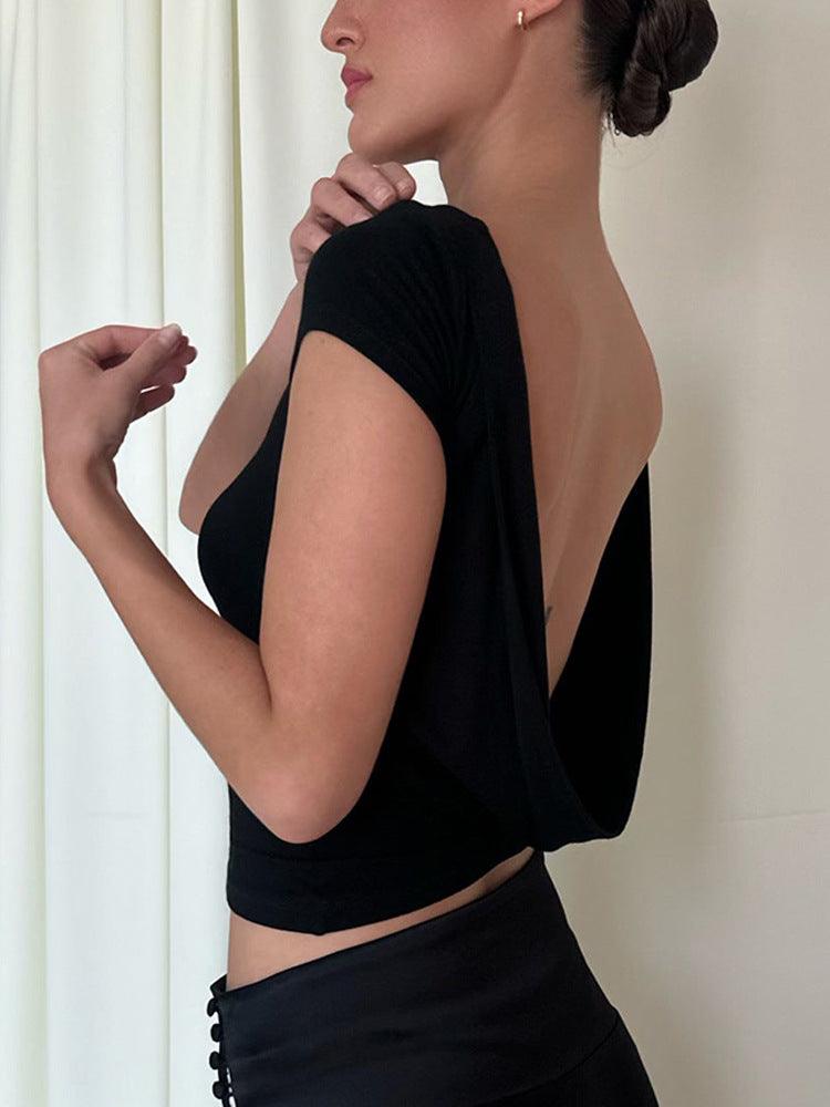 European And American Ins Style Hot Girl Sexy Big Backless Round Neck Short Sleeve - Hipster Collections