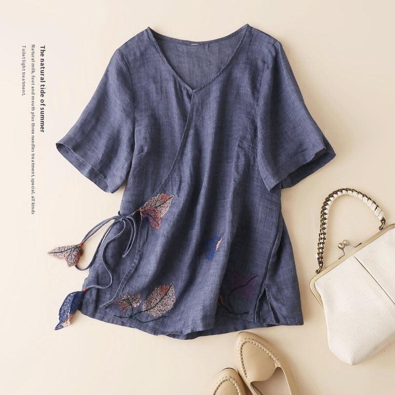 Retro Artistic Ramie Top Embroidery Tie-neck Loose Slimming Diagonal - Hipster Collections