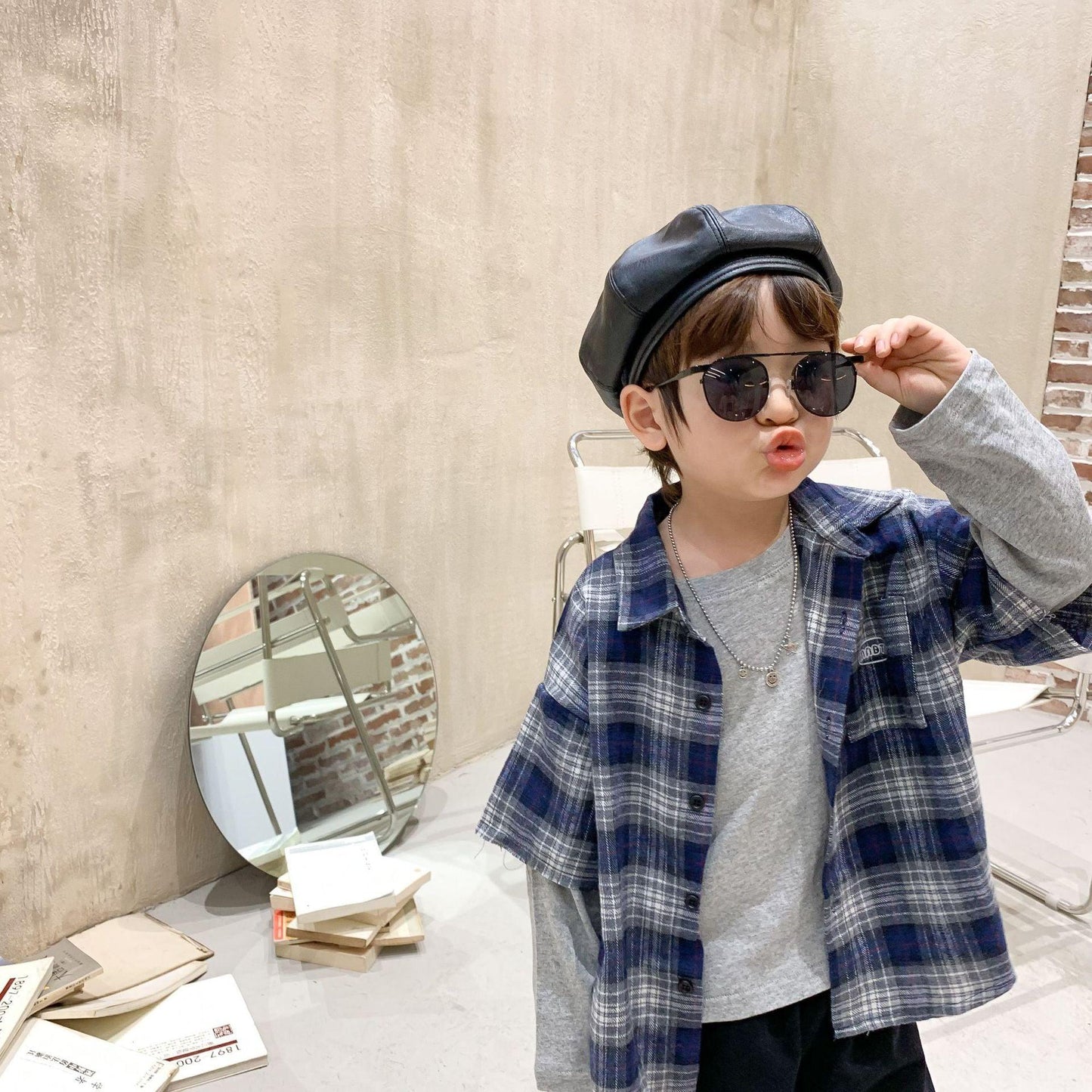 Boys plaid shirt stitching t-shirt - Hipster Collections