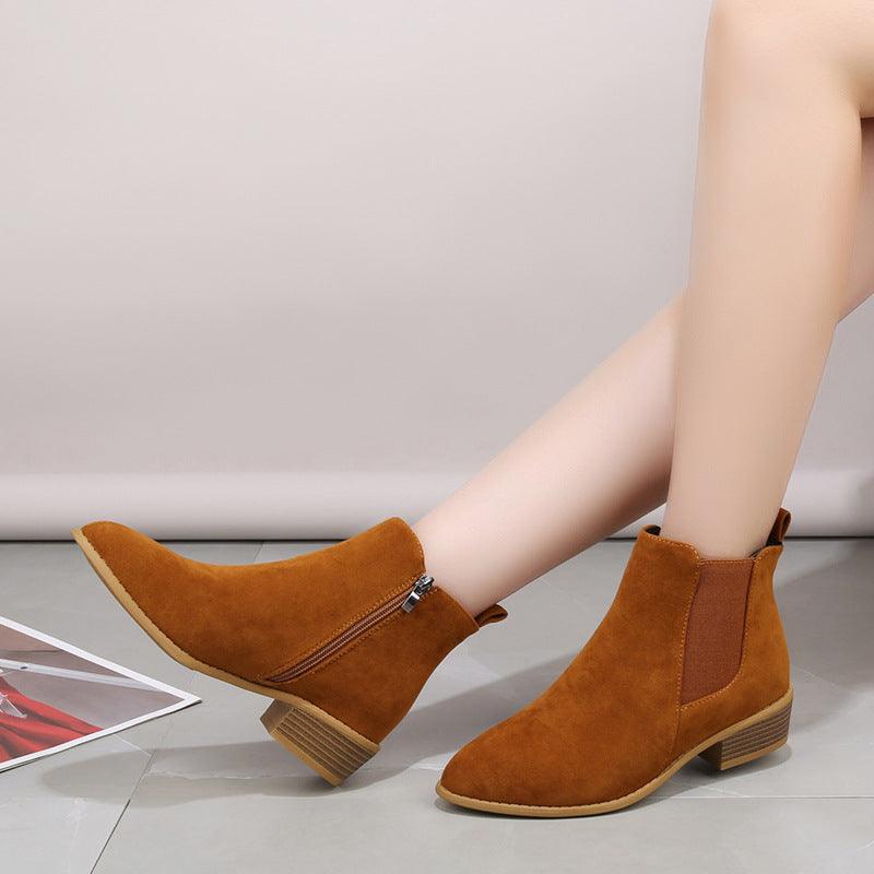 British Solid Color Suede Pointed Square Heel Martin Boots - Hipster Collections