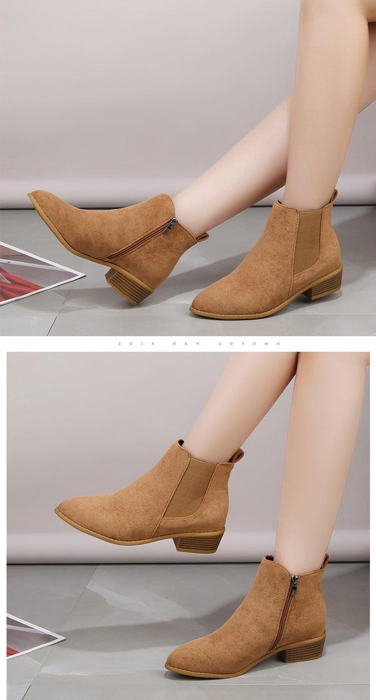 British Solid Color Suede Pointed Square Heel Martin Boots - Hipster Collections