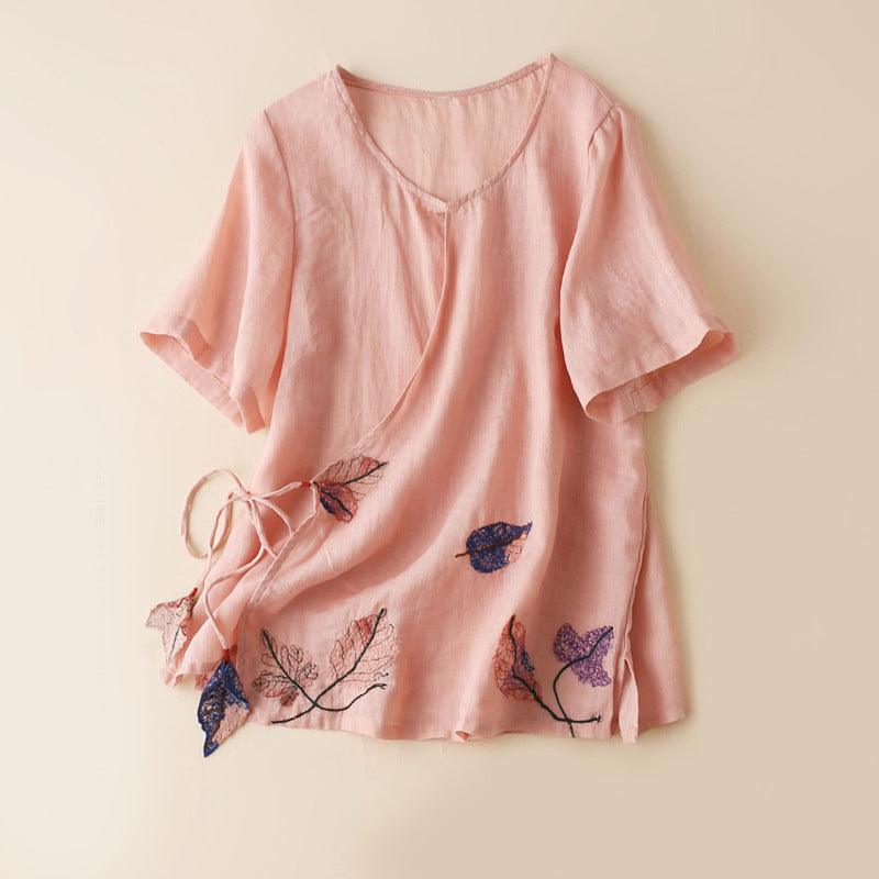 Retro Artistic Ramie Top Embroidery Tie-neck Loose Slimming Diagonal - Hipster Collections