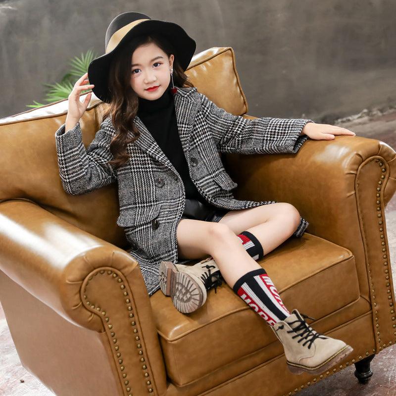 Gray plaid houndstooth coat for girls - Hipster Collections