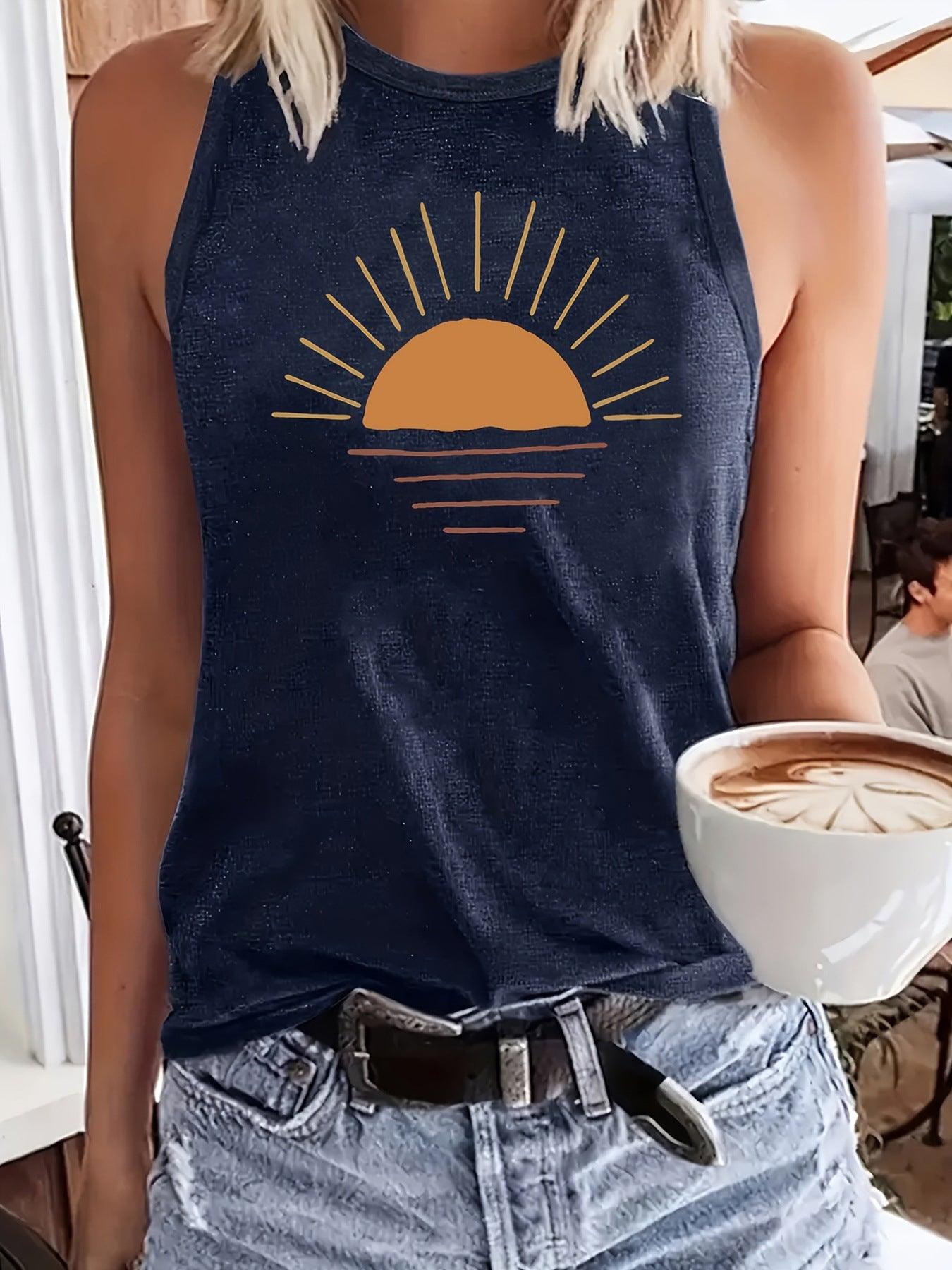 Sunrise Printed Round Neck Vest Spring And Summer Casual Sleeveless - Hipster Collections