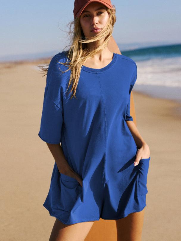 Women's Loose Short-sleeved Shorts Jumpsuit Summer Casual Backless Beach Overall Pants With Pockets - Hipster Collections