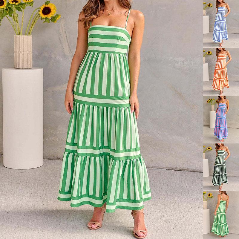 Striped Printed Suspender Long Dress With Pockets - Hipster Collections