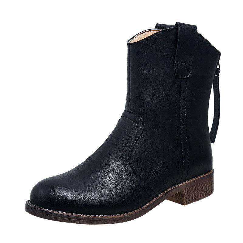 Women's Fashion Retro Low Heel Back Zipper Leather Boots - Hipster Collections