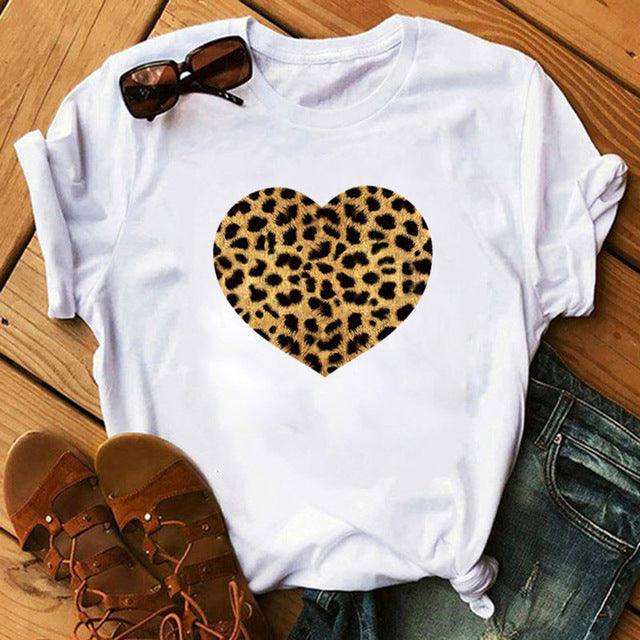 Spring Women's Cartoon Leopard Print Heart Printing T-shirt - Hipster Collections