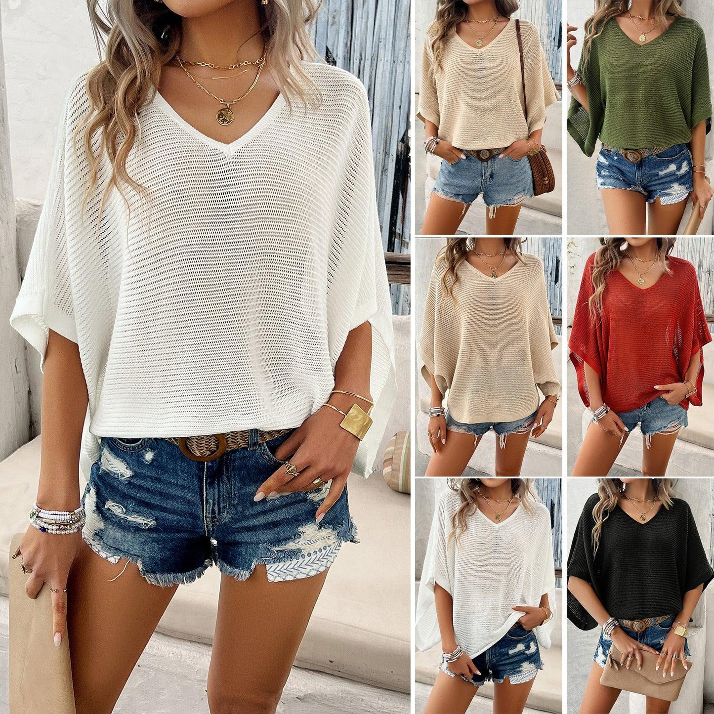 V-neck Bat type Short-sleeved T-shirt - Hipster Collections