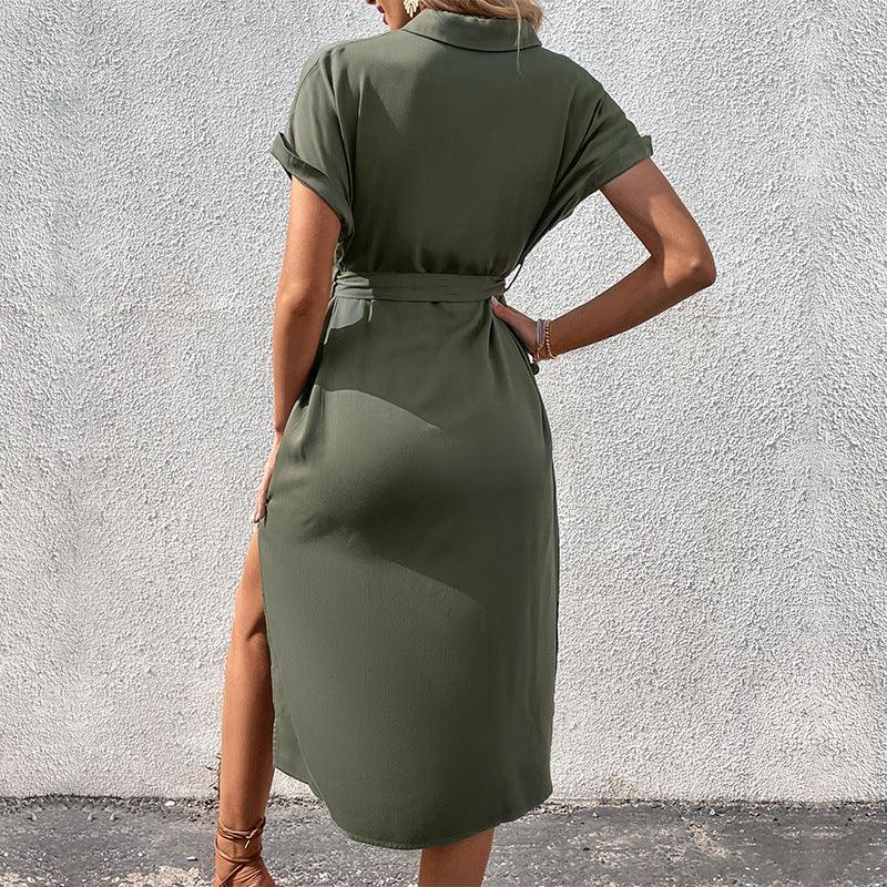 Short Sleeve Long Dress With Button & Pocket - Hipster Collections